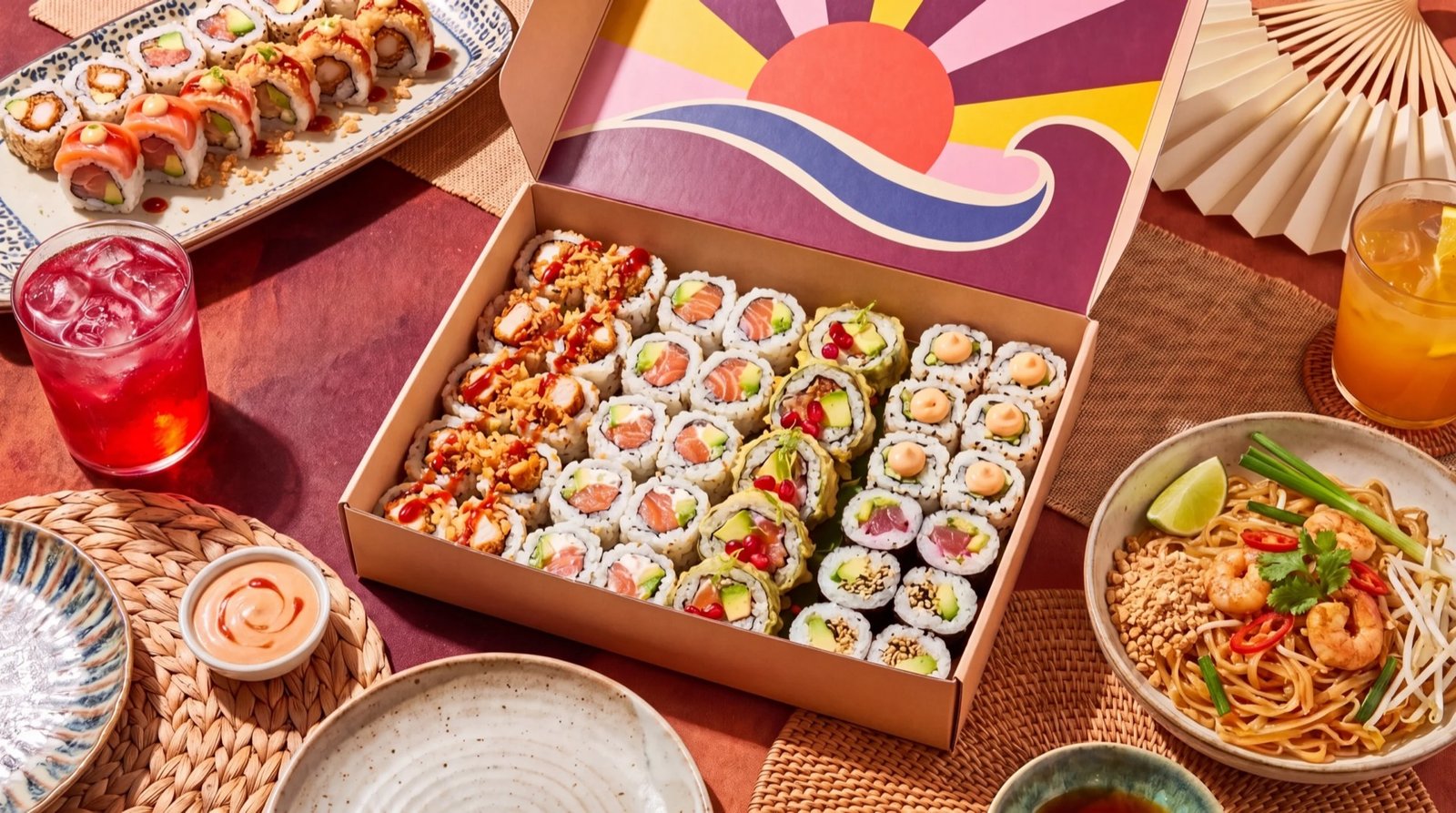 Box de sushis et california Atelier Sushi, pad thaï et boissons sur la table